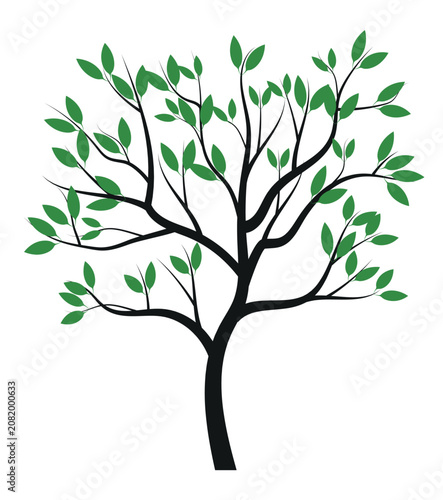 A tree drawn by hand. Green leaves on branches and curved trunk. Vector Illustration.