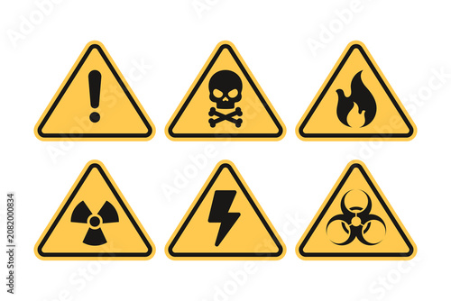 Set of yellow warning and danger safety signs and symbols vector illustration of caution icons including biohazard radiation flammable electricity voltage fire traffic isolated