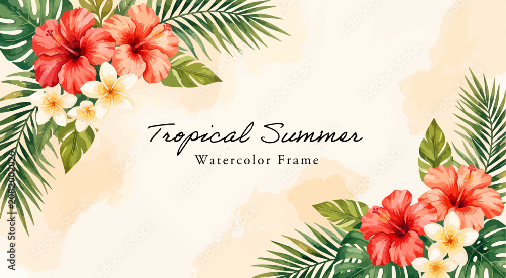 Fototapeta premium ハイビスカスのフレームイラスト,水彩風のプルメリアとヤシの葉、夏の南国対角枠、トロピカルフラワーの長方形デザイン背景、サマーセール広告素材,手描きベクター,サマーリゾート・ハワイアン,夏の花の飾り枠