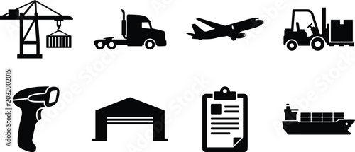 Tableau sur toile Logistics and Shipping Icon Set with Crane Semi Truck Airplane Forklift Barcode