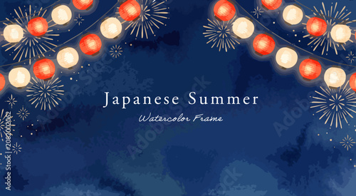 Slika na platnu 提灯と花火の背景イラスト,水彩風の祭りちょうちんと打ち上げ花火、夏の濃紺フレーム枠、和風の長方形デザイン背景、夏祭り広告素材,手描きベクター,夜空と花火大会・縁