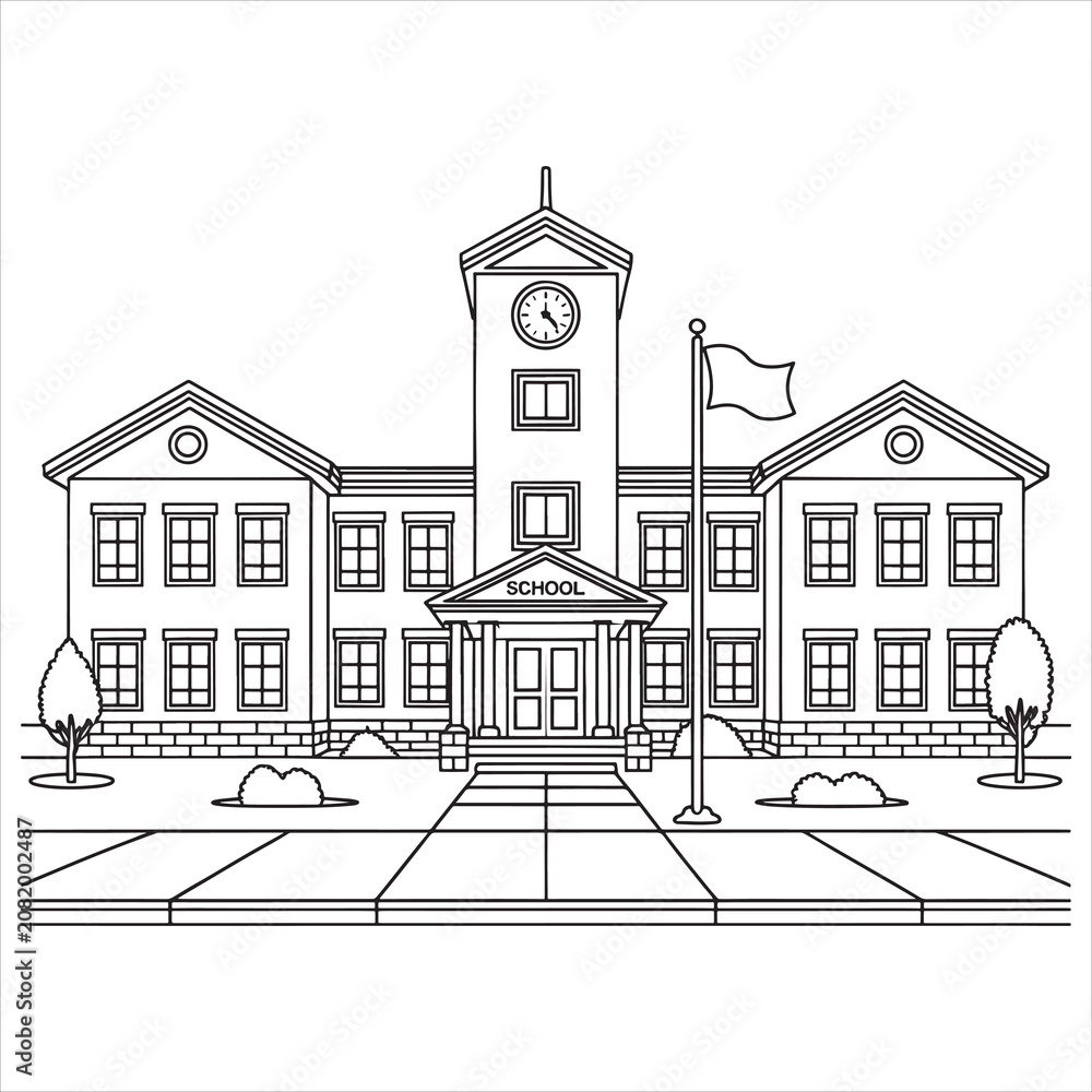 Fototapeta premium Classic sketch of a traditional school building with clock tower