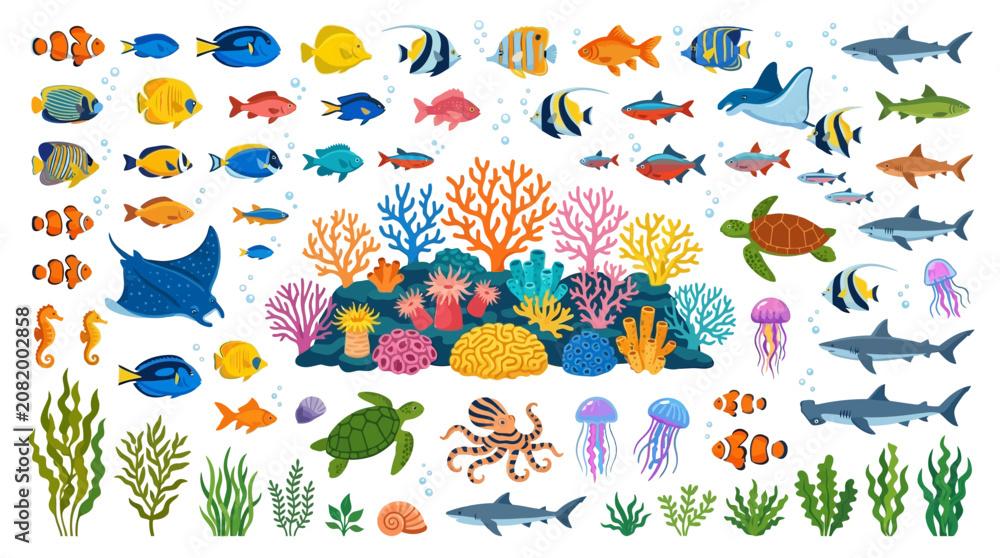 Obraz premium Vibrant ocean creatures swim around coral reef with various fish and sea animals in a stunning underwater scene.