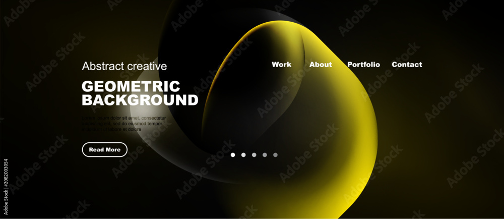 Naklejka premium Dark background features abstract yellow shapes. Website header includes navigation options work, about, portfolio, contact. Minimalist design.