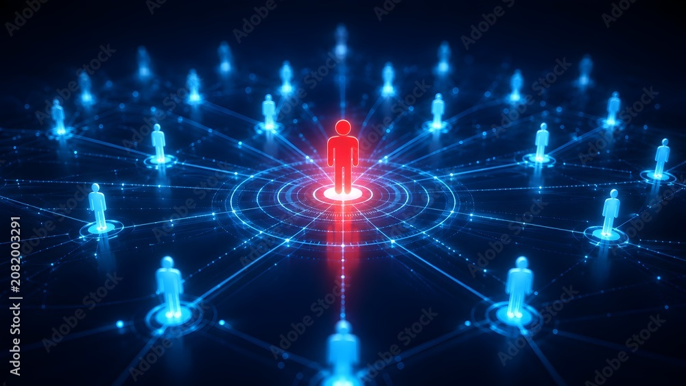 Fototapeta premium Glowing red human figure in the center of a digital network symbolizing central leadership and global communication
