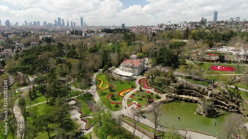 Aerial view of the Bosphorus with tulips; view of the Turkish flag; general aerial view of Istanbul