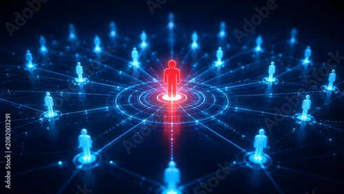 Glowing red human figure in the center of a digital network symbolizing central leadership and global communication