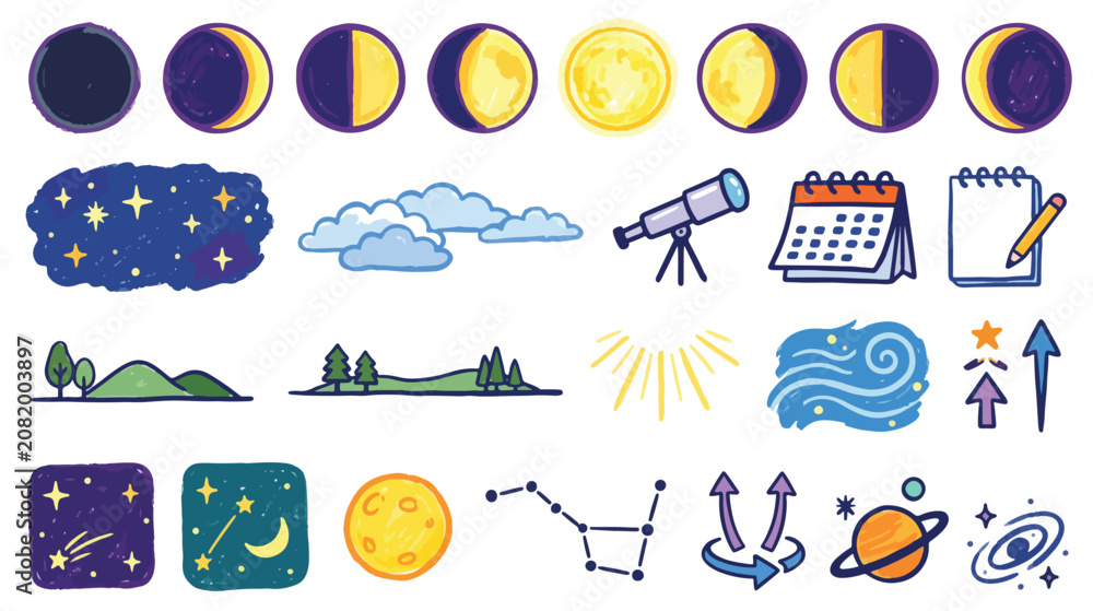 Fototapeta premium Crayon Moon Phases Icons Set Vector Illustration