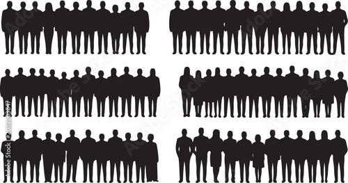 Large diverse group of people silhouettes standing together representing community and teamwork in society and business