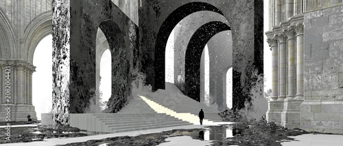 Endless cathedral carved from living darkness, impossible gothic architecture vanishing into infinite black void, colossal obsidian smoke pillars, towering arches dissolving into darkness