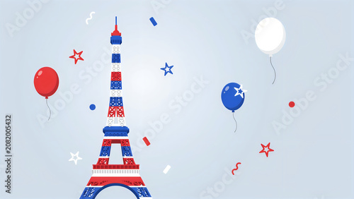 Eiffel tower with colorful balloons and stars
