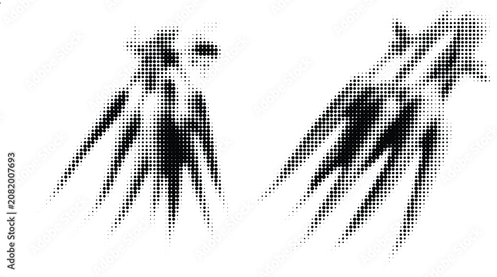 Obraz premium Abstract halftone ink splatter set, dynamic black dots with motion blur effect. Grunge vector illustration for retro pop art design, urban texture, poster, branding, and creative graphic background