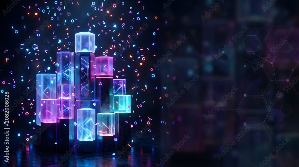 Naklejka premium Neon glowing light pillars with digital particles in dark festive background