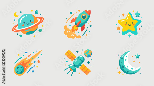 Valokuva Cartoon space icons with celestial bodies