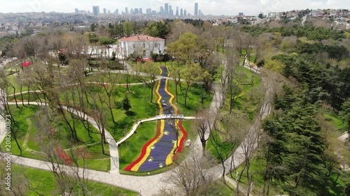Aerial view of the Bosphorus with tulips; view of the Turkish flag; general aerial view of Istanbul