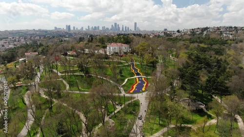 Aerial view of the Bosphorus with tulips; view of the Turkish flag; general aerial view of Istanbul