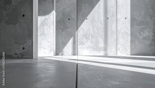 Minimalist industrial concrete room with dramatic sunlight shadows.