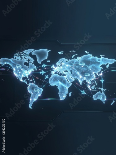 Glowing world map with connected transportation lines and logistics icons. Digital interface showcasing global import and export delivery network. International trade and commerce concept.
