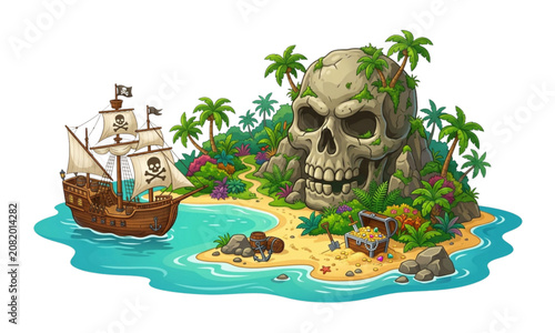 Obraz na płótnie Pirate Galleon Anchored by Skull Rock Treasure Island