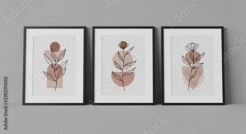 A set of three framed artworks featuring abstract female figures in various poses on a gray background.