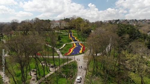 Aerial view of the Bosphorus with tulips; view of the Turkish flag; general aerial view of Istanbul
