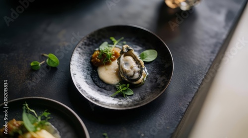 Gourmet appetizer featuring a fresh single oyster with cream sauce and microgreens on a black plate, fine dining concept