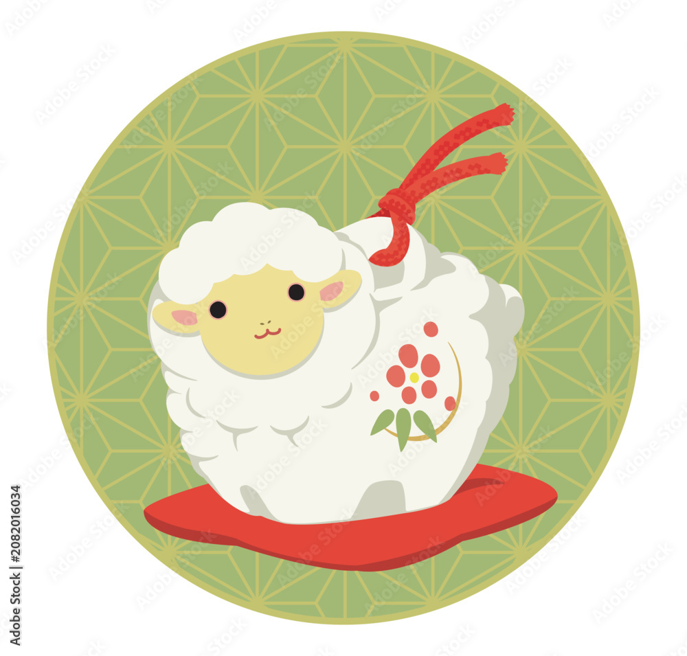 Fototapeta premium かわいい子羊の土鈴のイラスト、未年のお正月飾り(緑色の背景)
