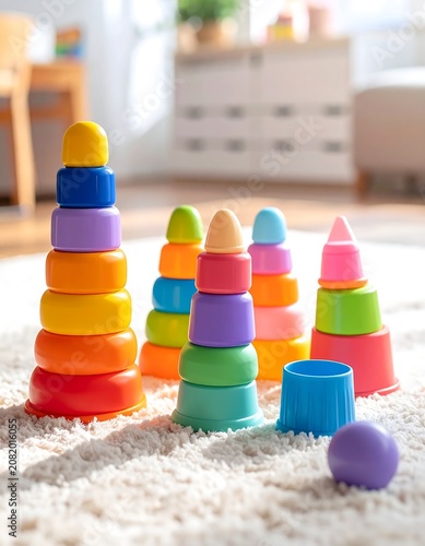 Colorful stackable toy rings and cones for early childhood development