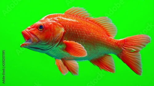 Vibrant orange rockfish swimming isolated on a bright green screen chroma key background for compositing