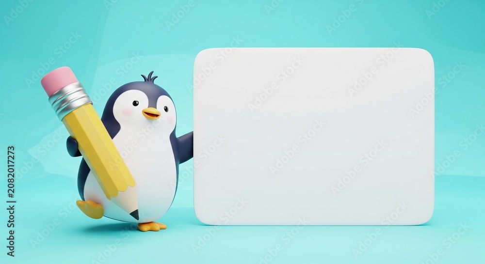 Obraz premium Cute Cartoon Penguin Holding Yellow Pencil in Front of Blank Signboard