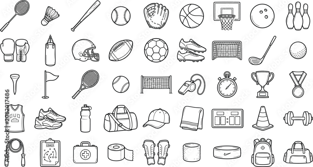 Naklejka premium Sports equipment and fitness gear hand drawn vector illustration set, team games balls, championship training tools, and athlete accessories sketch icons collection isolated