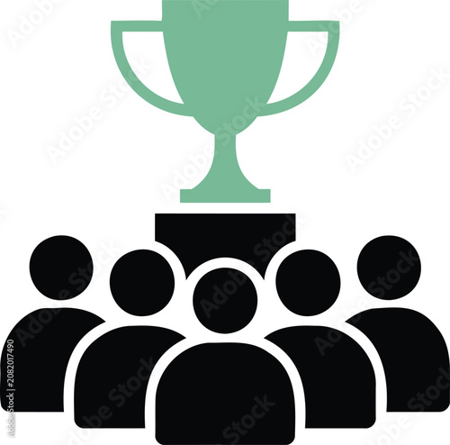 Fotografía Green trophy on a black pedestal with a group of people winners champions  teamw