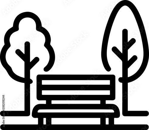 Park bench icon with trees, simple flat design, outdoor recreation symbol