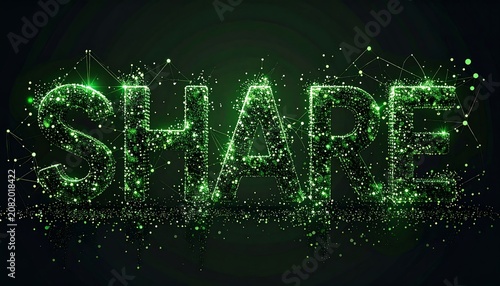 Digital share word glowing green particles network connection concept