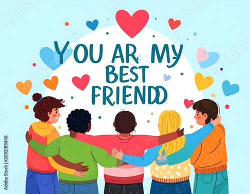 Diverse group of friends embracing with hearts and colorful decorations