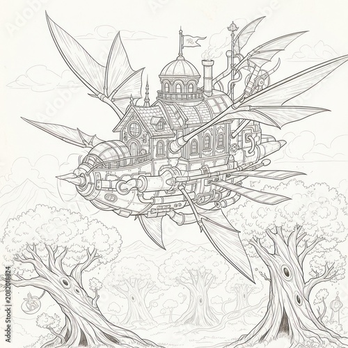 Elaborate floating steampunk landscape with ship and trees
