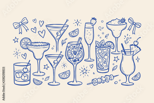 Canvastavla Set of hand drawn cocktail glasses and alcoholic drinks in blue line art style o