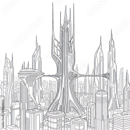 A futuristic cityscape with sleek skyscrapers and a prominent tree-like structure