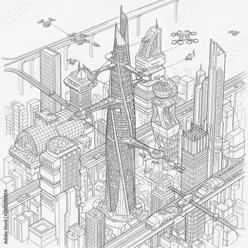 Detailed black-and-white sketch of a vibrant cityscape with skyscrapers, bridges, and construction cranes