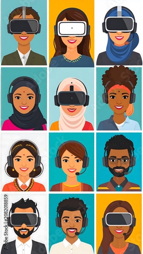 Diverse people experiencing virtual reality and digital communication