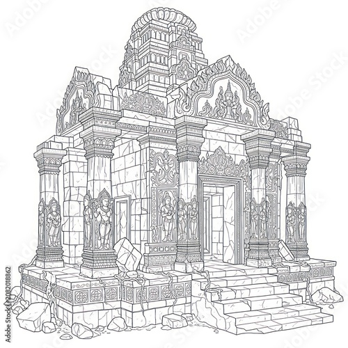 Intricate sketch of an ornate, classical-style temple structure with detailed architectural elements