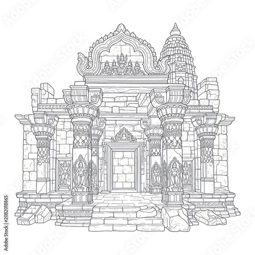 Intricate line drawing of a traditional ornate temple architecture