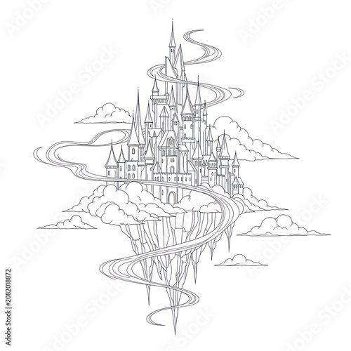 A whimsical castle with multiple spires and towers floats in the air, surrounded by winding roads and fluffy clouds