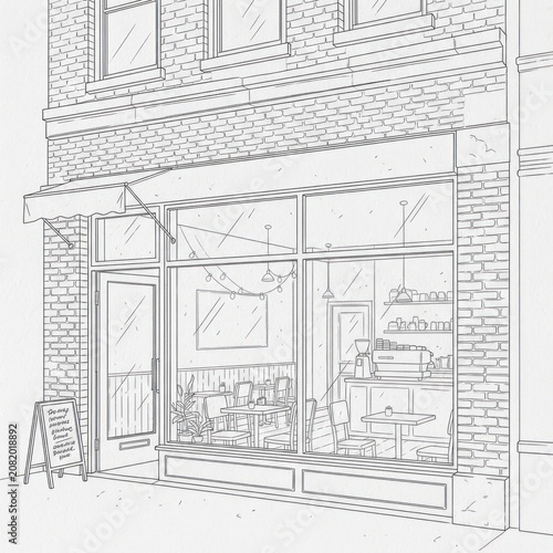 A pencil drawing of a two-story brick building with a storefront and sidewalk
