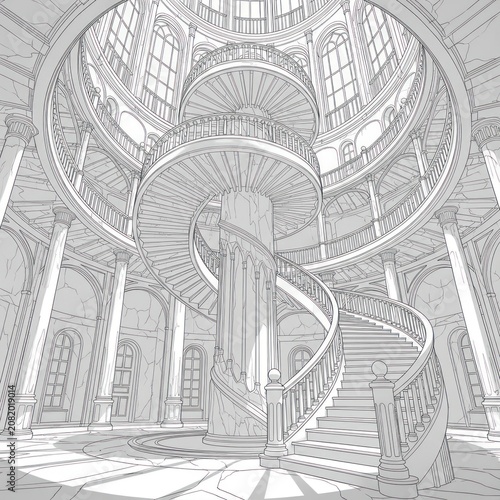 A majestic, multi-level, circular staircase with railings and pillars in a grand, ornate building