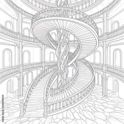 A detailed illustration of a majestic, multi-level interior with a unique, intertwined double spiral staircase