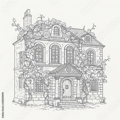 Elegant historic mansion with vines and detailed architecture