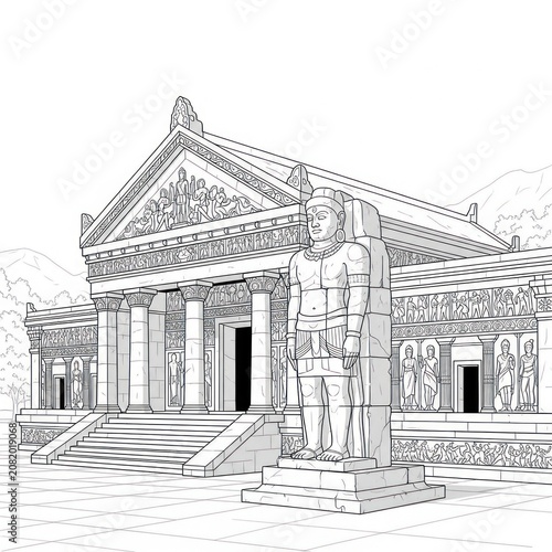A grayscale illustration of an ancient temple with a statue in front