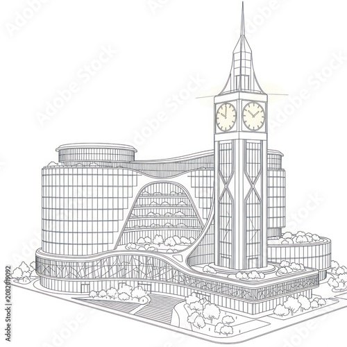 Modern cityscape with a prominent clock tower, sleek glass buildings