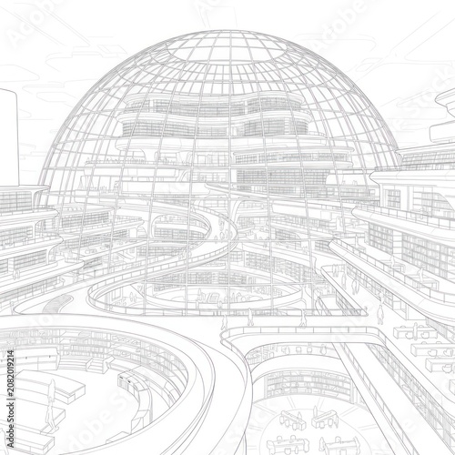 A futuristic architectural sketch of a large domed cityscape with curved walkways